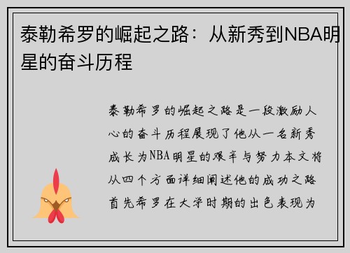 泰勒希罗的崛起之路：从新秀到NBA明星的奋斗历程