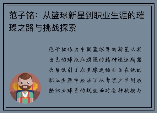 范子铭：从篮球新星到职业生涯的璀璨之路与挑战探索